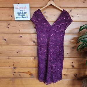 K. Jordan 💜 Purple Lace Overlay Sequin Dress Tiered Ruffle Stretch‎ Party Sz 14